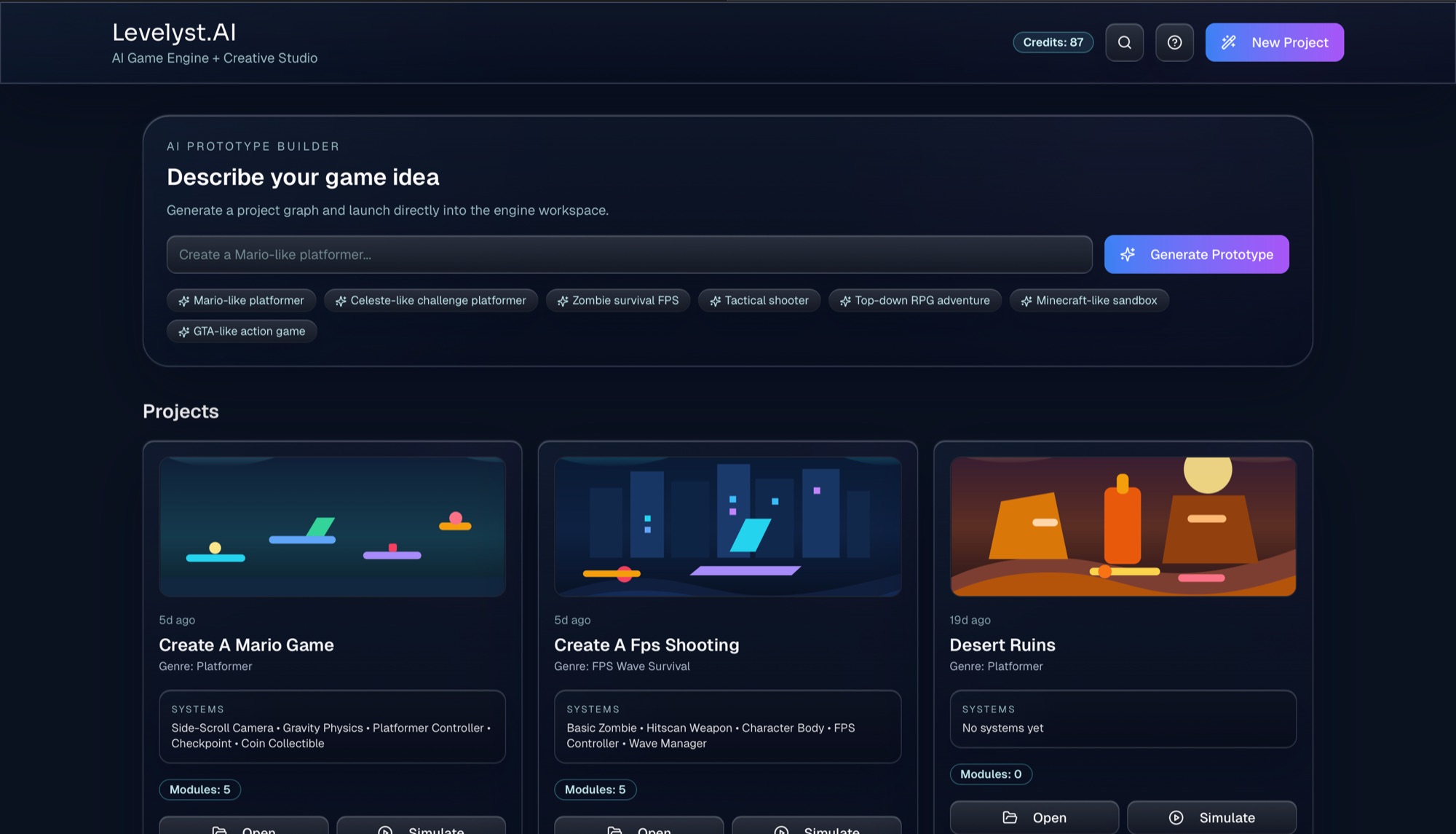 Levelyst.AI dashboard showing generated projects and the updated project creation surface.