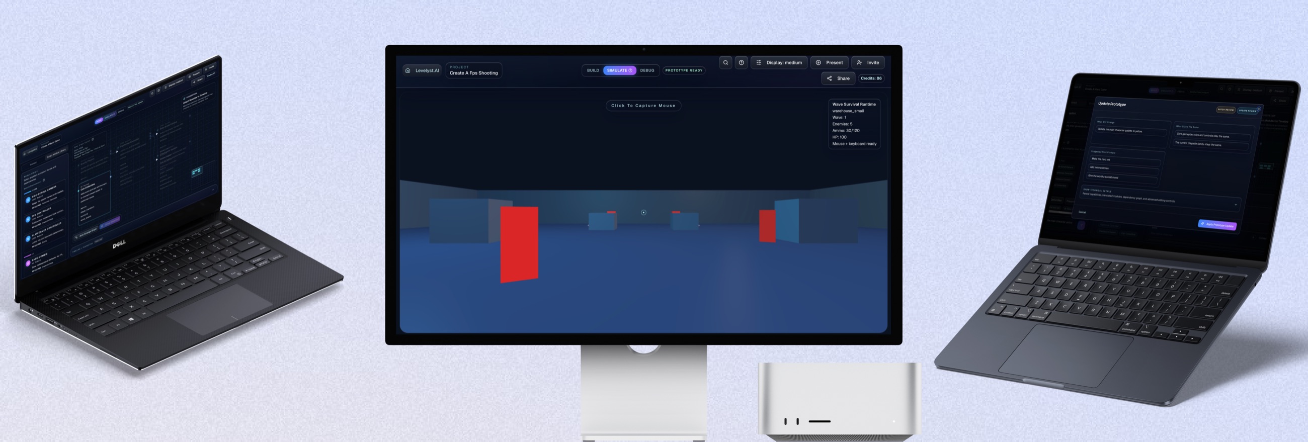 Wide final Levelyst.AI mockup showing the updated workflow across the prompt, workbench, and simulation surfaces.