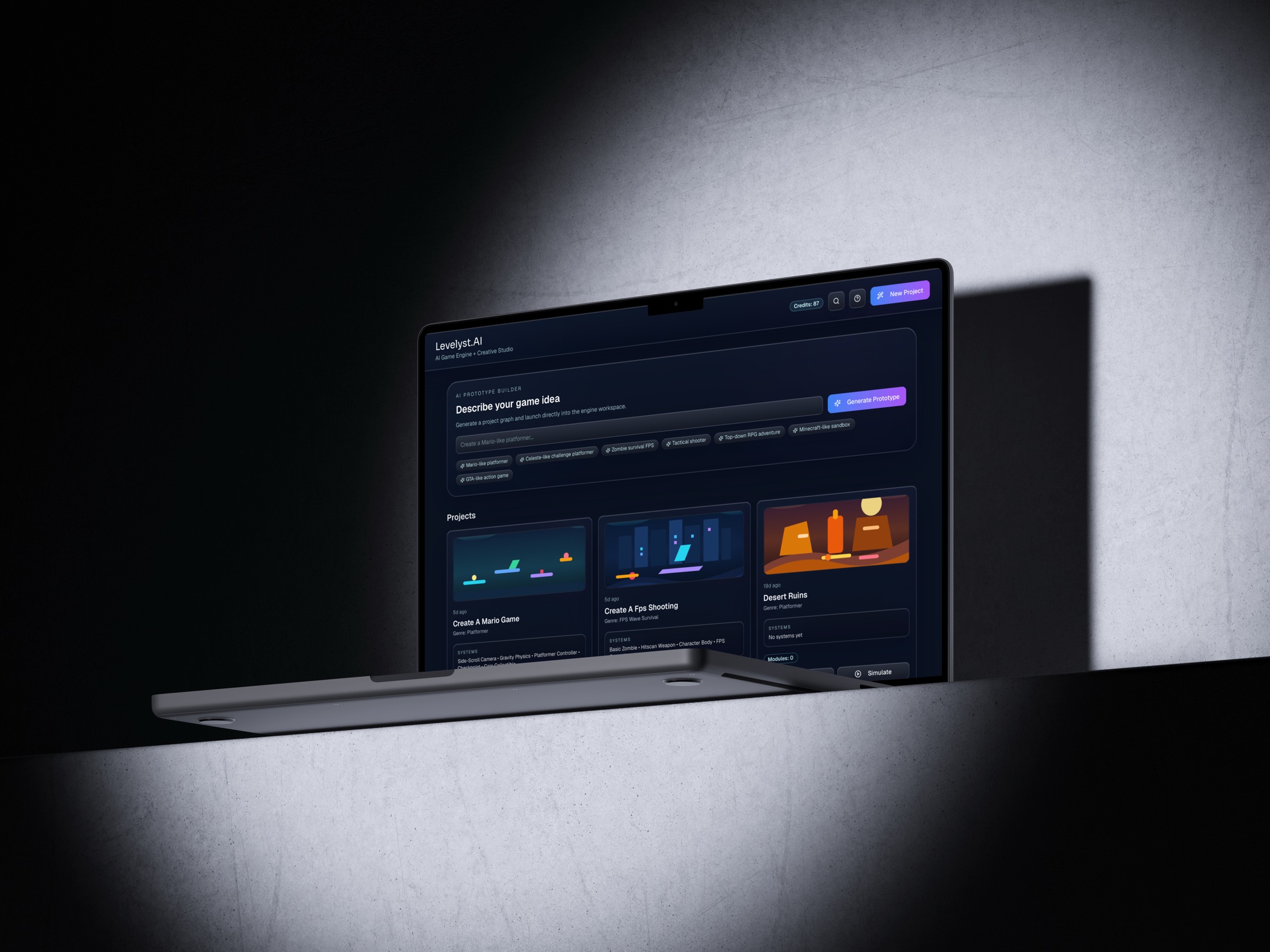Levelyst.AI shown in a laptop mockup featuring the updated prompt-to-prototype interface.