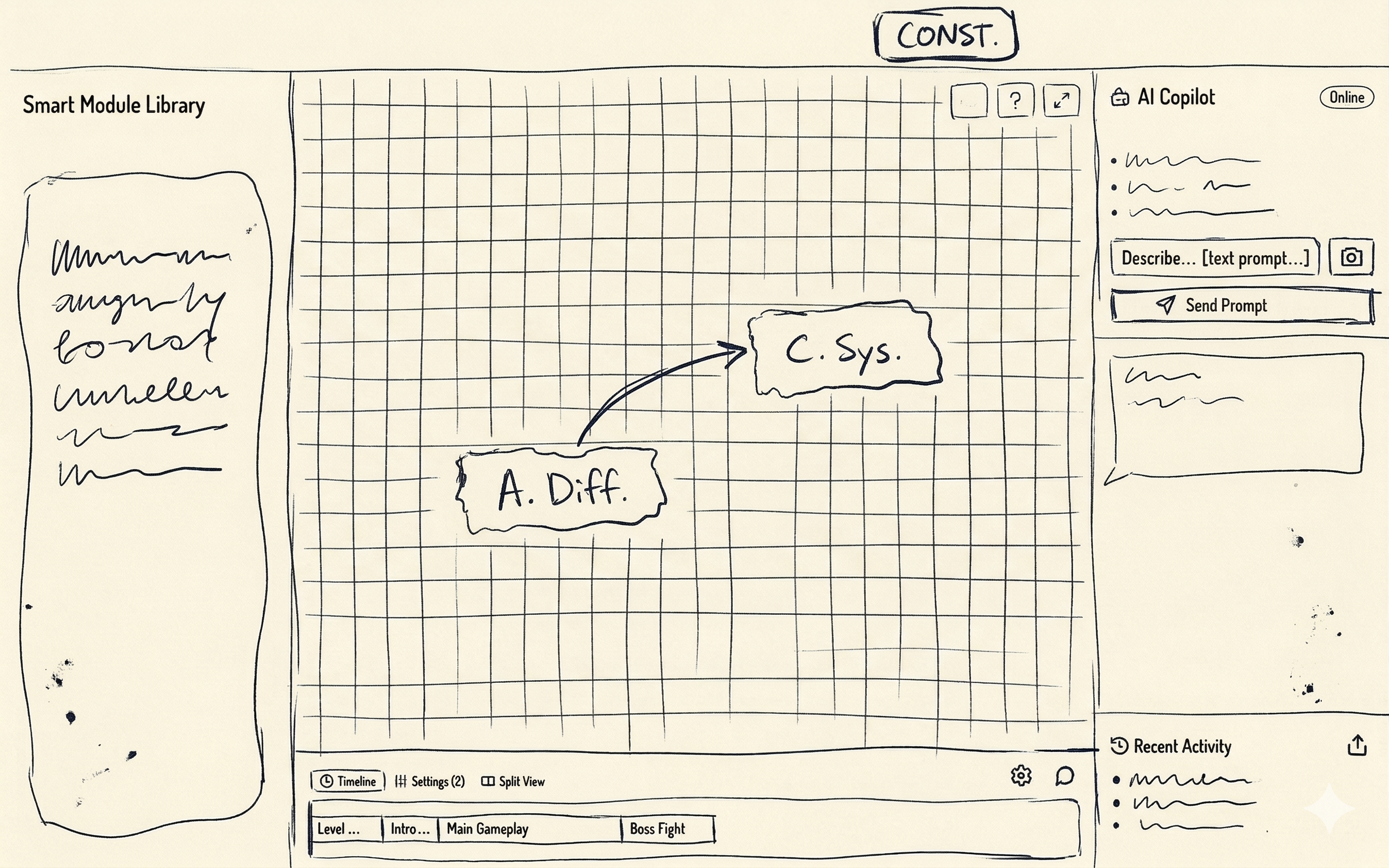Early Levelyst sketch showing a construct view with system nodes on a graph canvas.