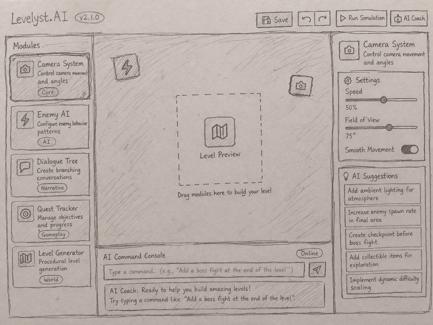 Early Levelyst sketch showing a module-led builder view with suggestions and simulation controls.