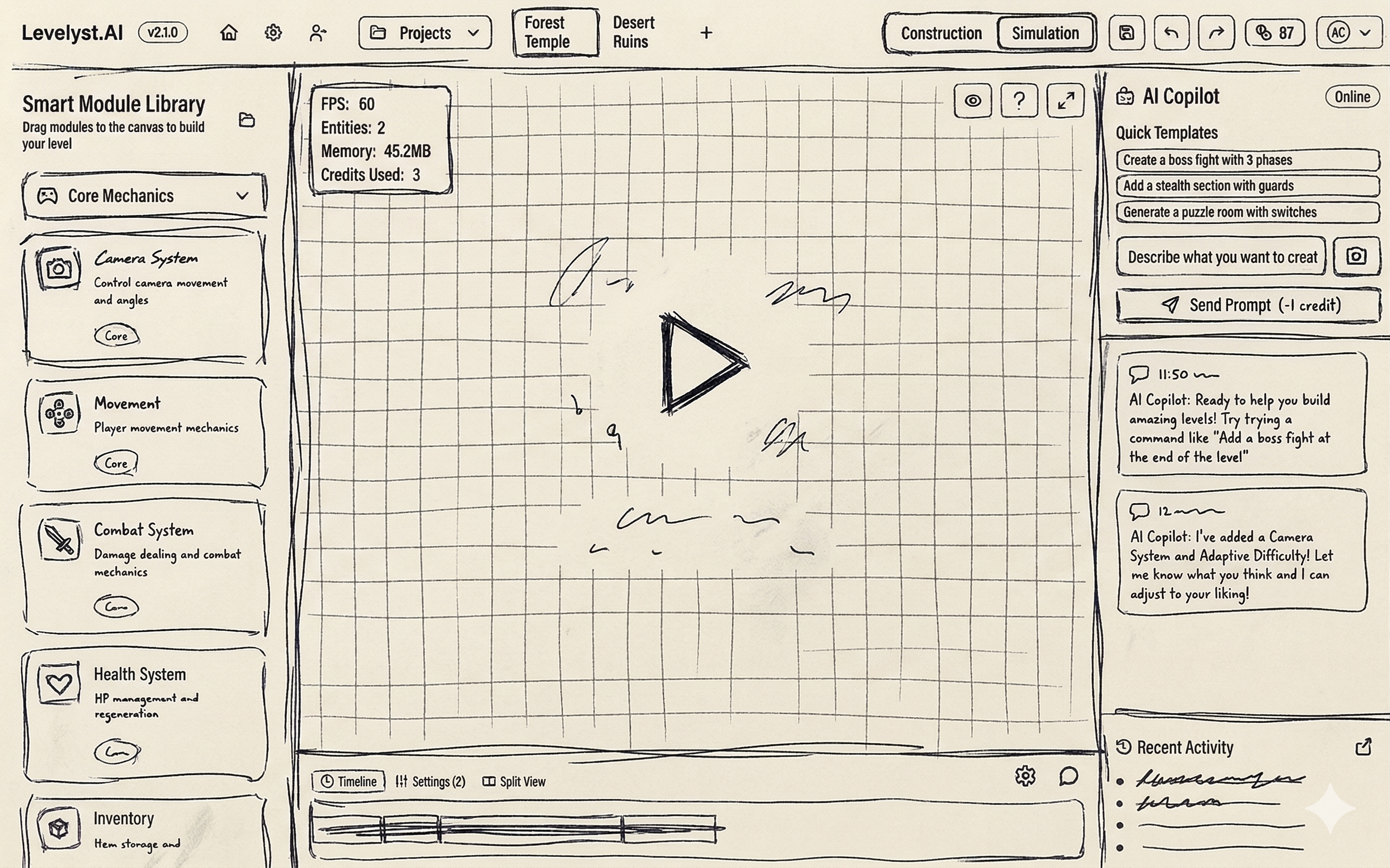 Early Levelyst sketch showing the workbench canvas, smart module library, and AI copilot side rail.