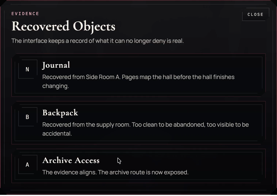 ReWritten recovered objects screen showing cataloged evidence entries inside a dark archival panel.