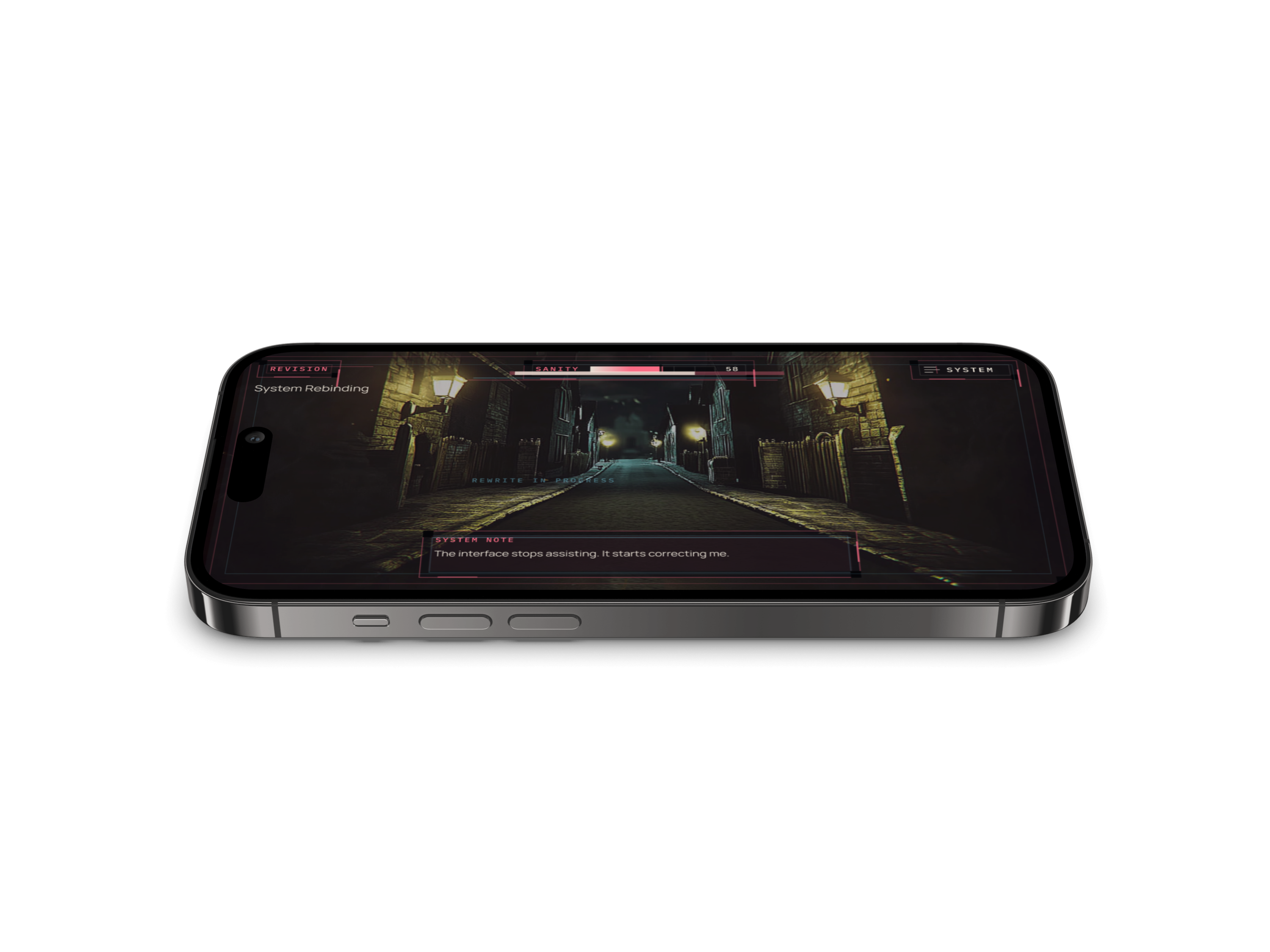 ReWritten phone mockup showing a handheld system-rebinding state inside the horror interface.