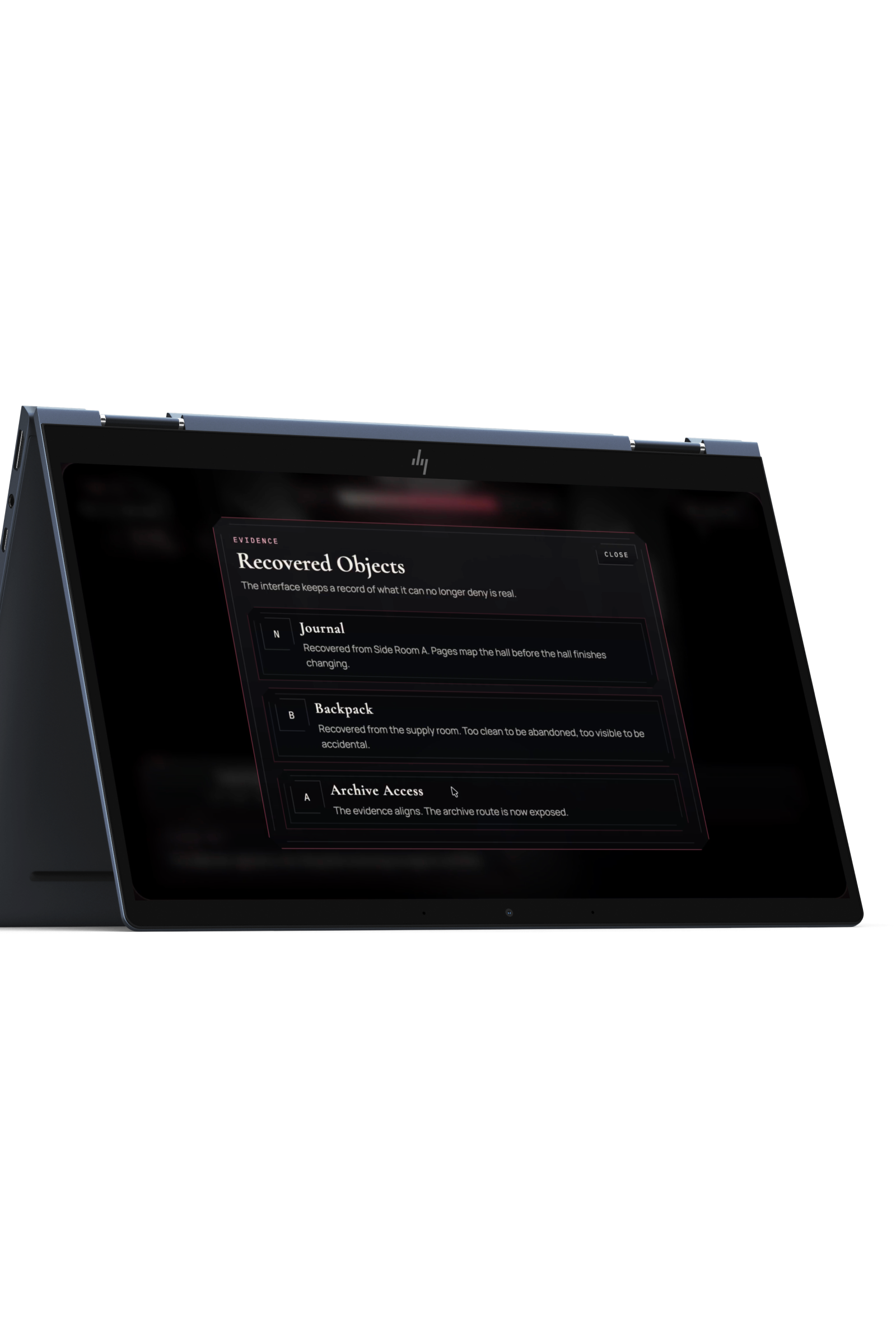 ReWritten evidence interface shown on a convertible device against a dark atmospheric backdrop.