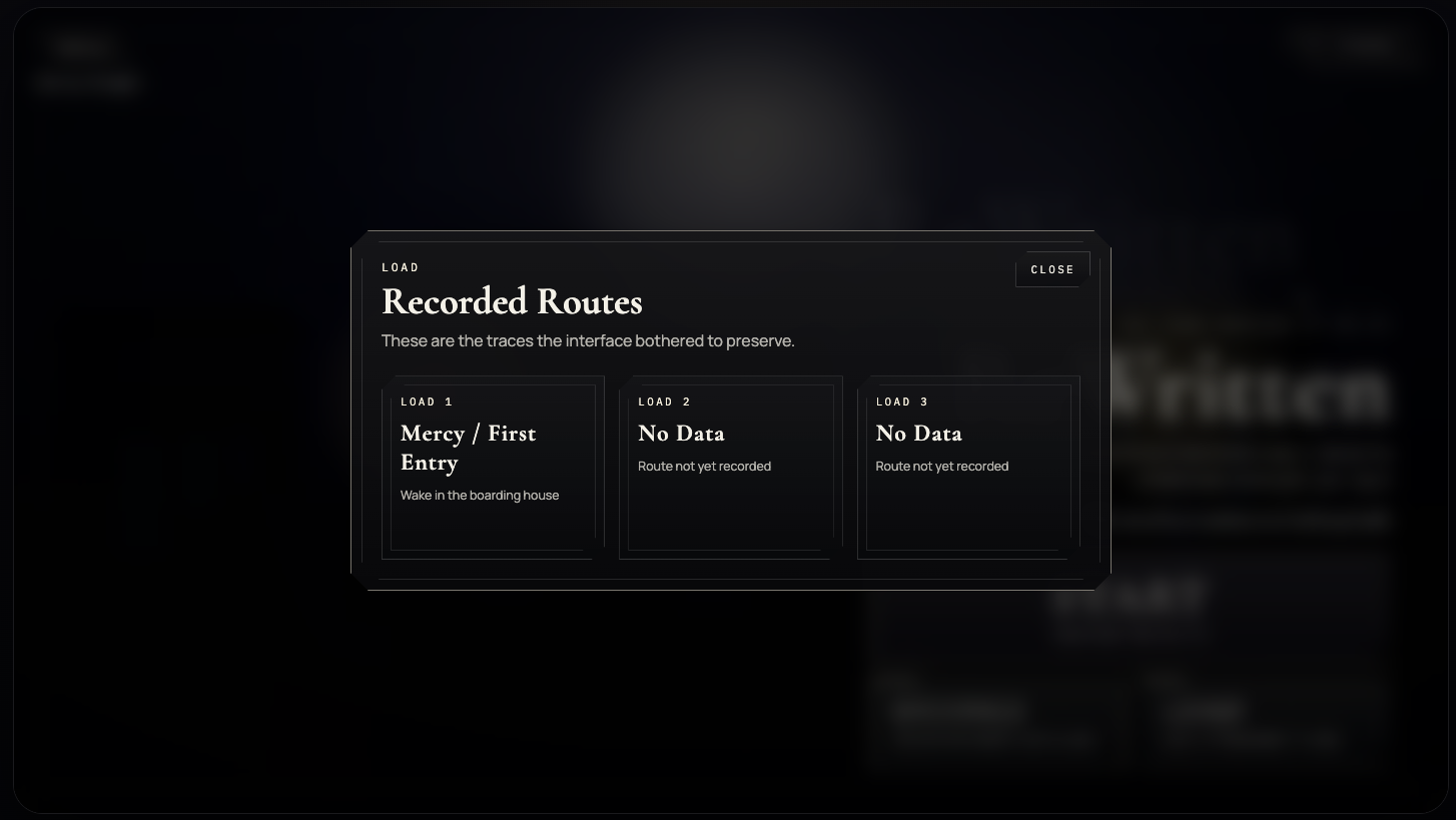 ReWritten arrival screen showing the title state, location label, and menu plaques against a dim town backdrop.