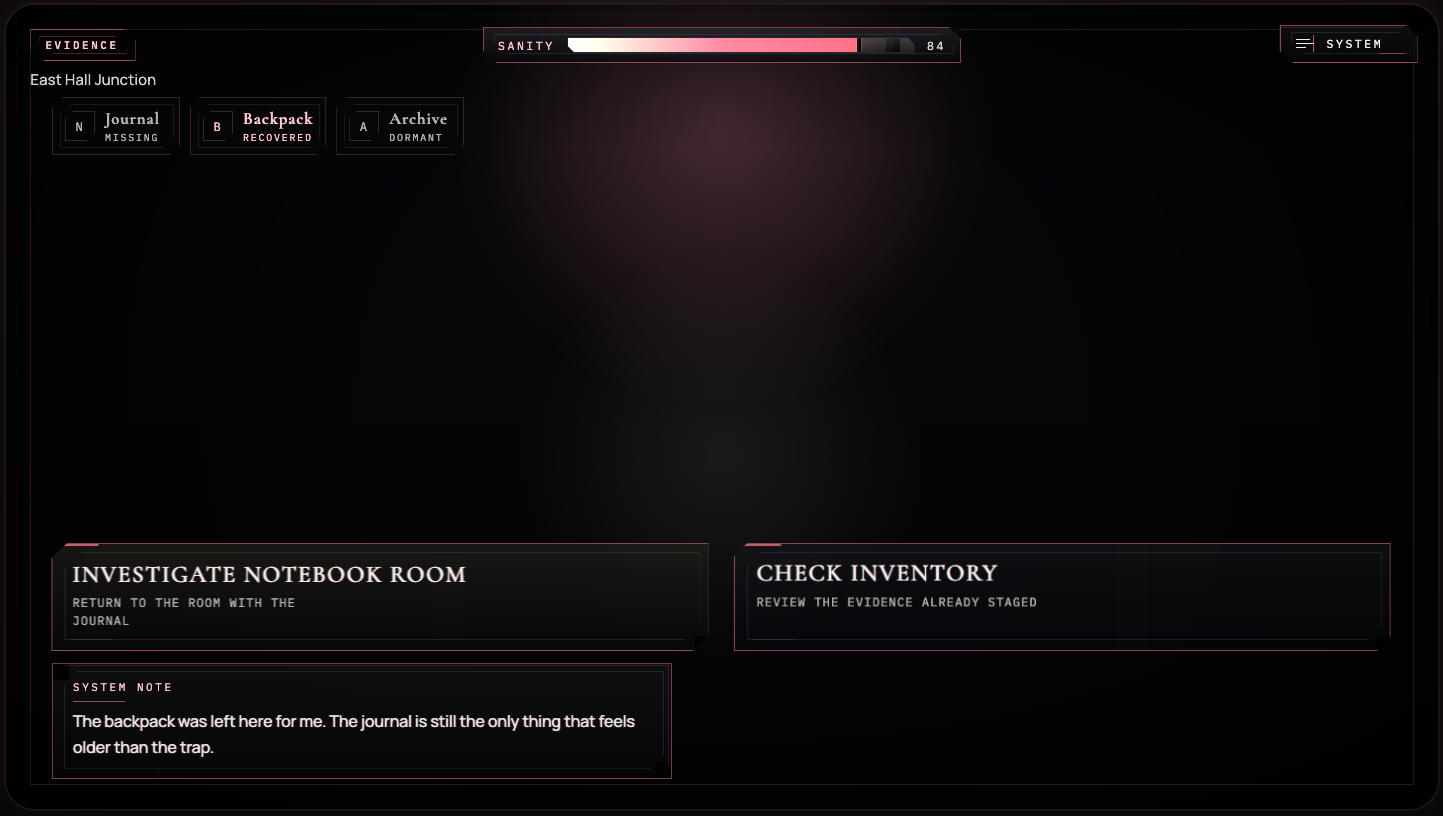 ReWritten low-sanity exploration screen showing one central route prompt and a minimal observation frame.