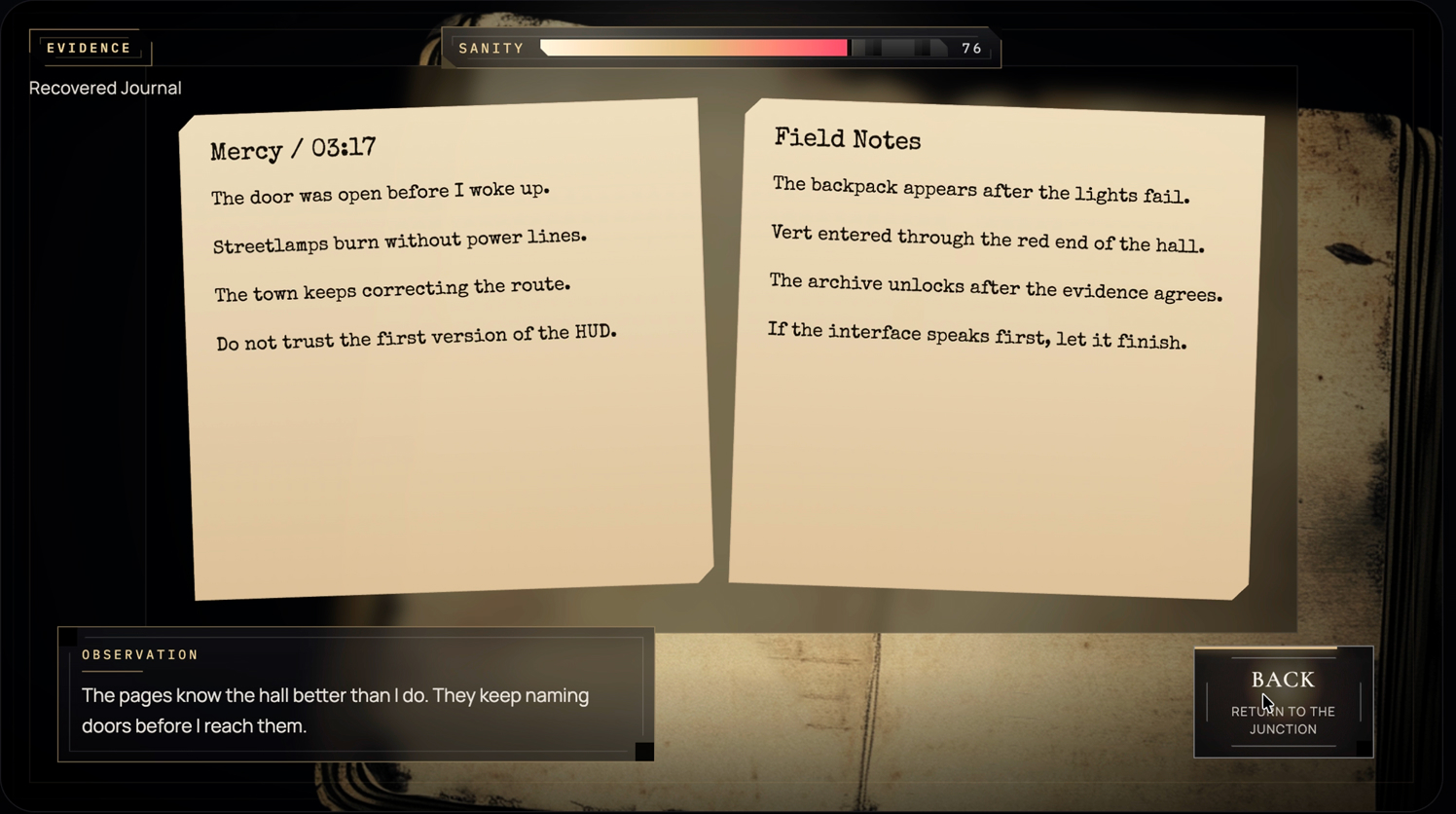 ReWritten evidence state showing inventory tabs, two action panels, and a system note inside a single interface frame.