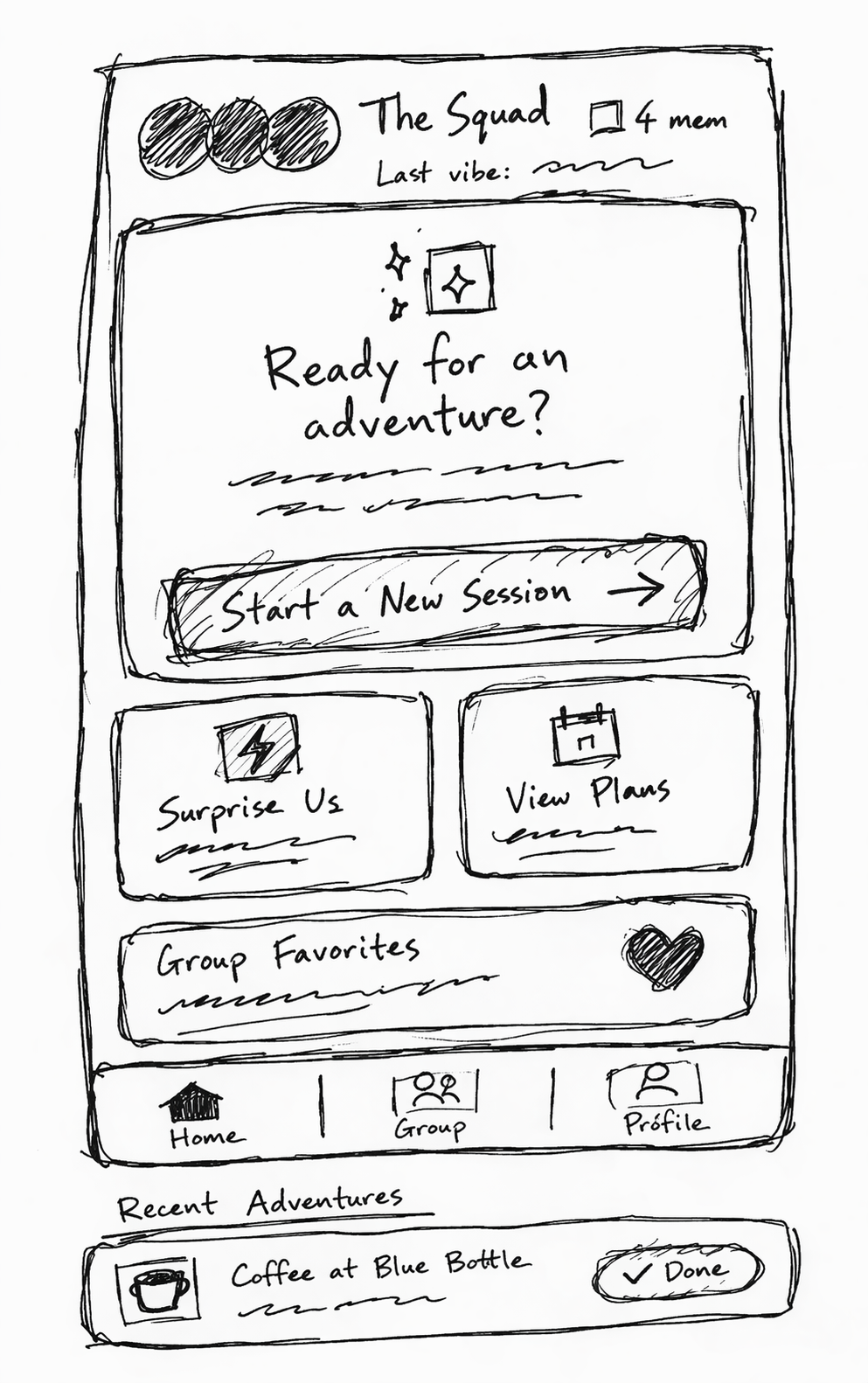 Lo-fi Vymble sketch showing the early group home and invite coordination screen.