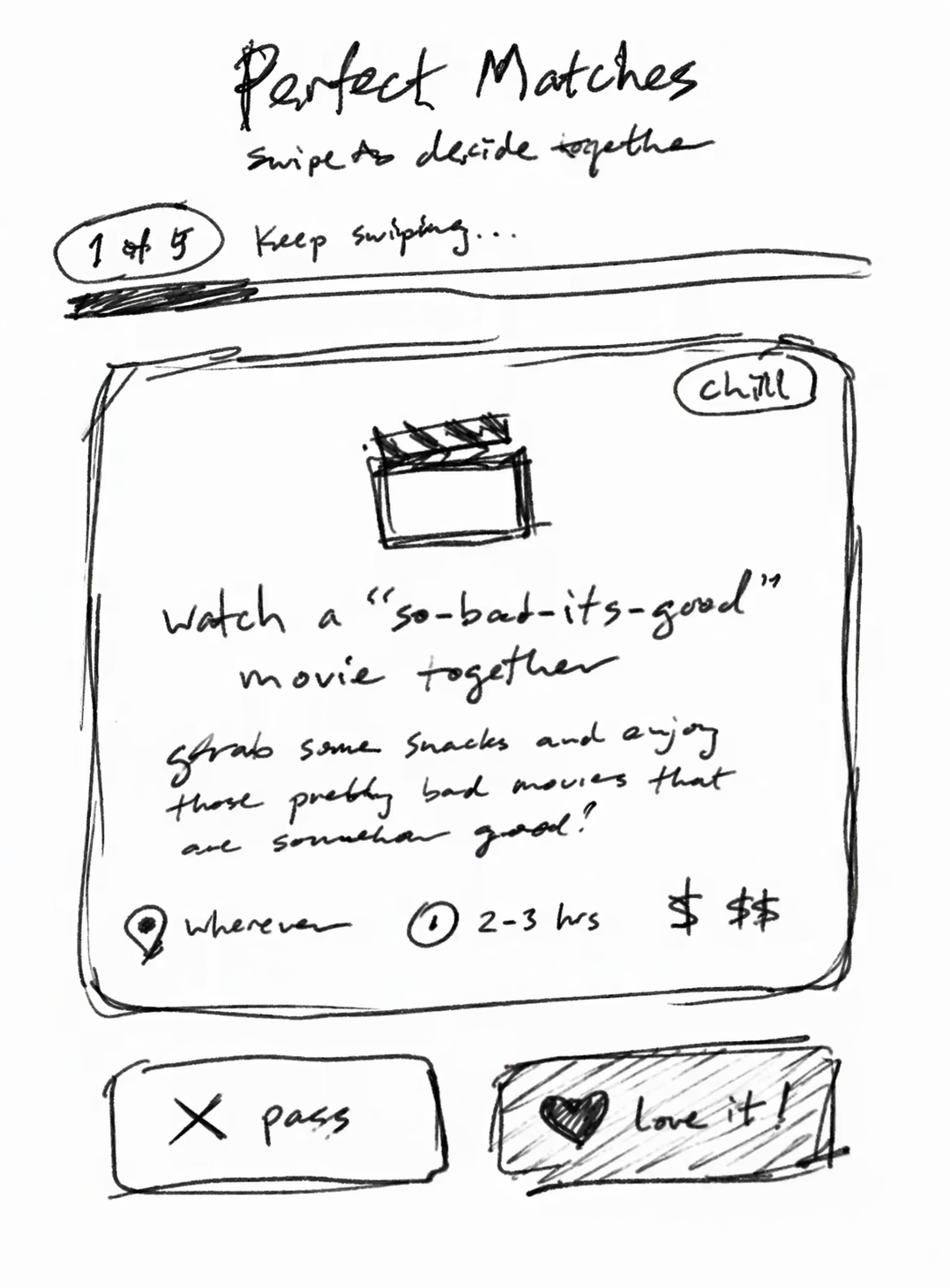 Lo-fi Vymble sketch showing an early perfect matches and voting flow.