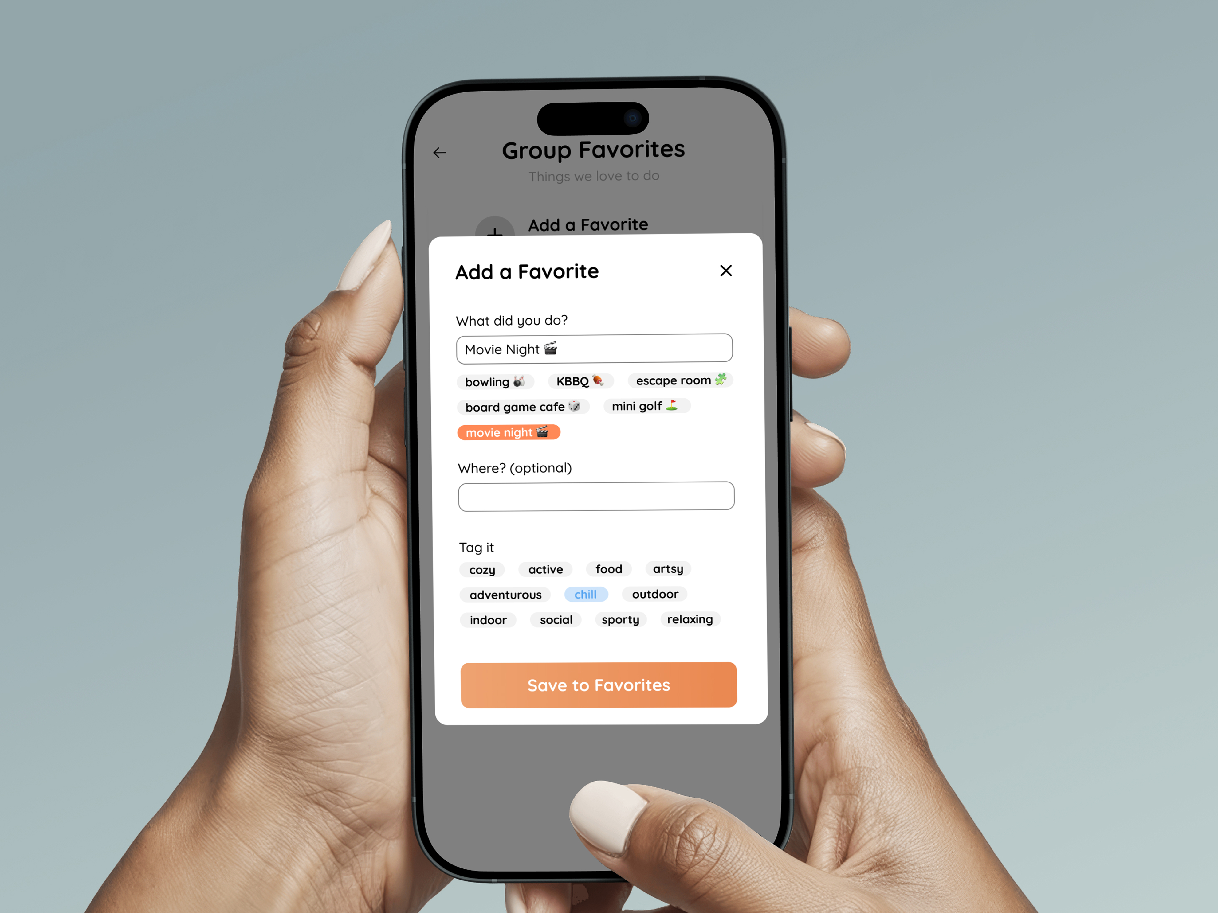 Handheld mockup of the Vymble Group Favorites modal and saved memory tags.